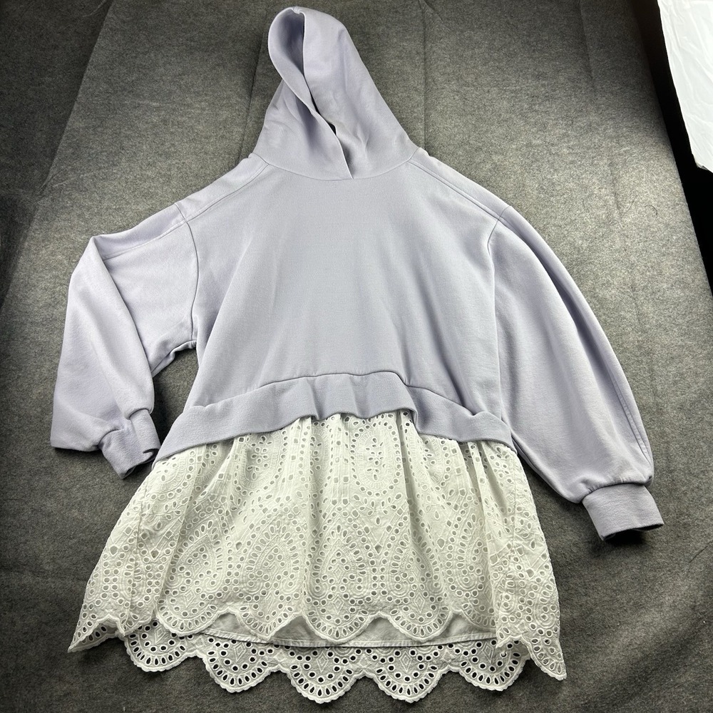 Pilcro Anthropologie Hoodie S Lavender Sweatshirt Twofer Mini Dress Eyelet Lace